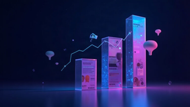 E-commerce case study image showing a rising revenue chart beside product cards and a conversion funnel