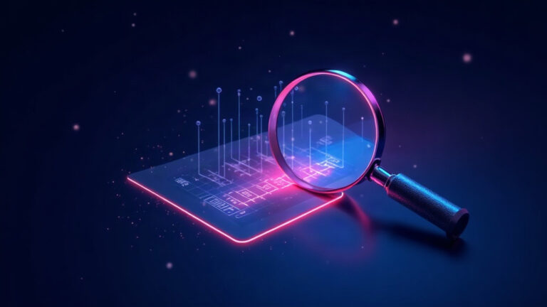 Illustration of conversion rate optimisation, a magnifying glass over a landing page wireframe with click heatmap dots