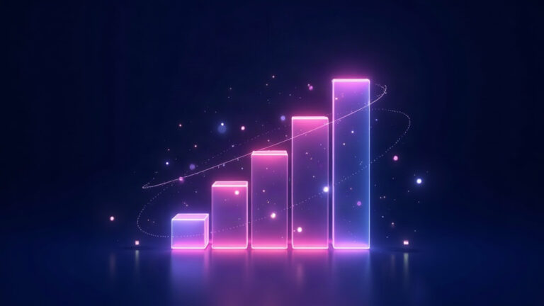 Illustration of SEO strategy showing a rising staircase of ranking bars with orbiting keyword nodes