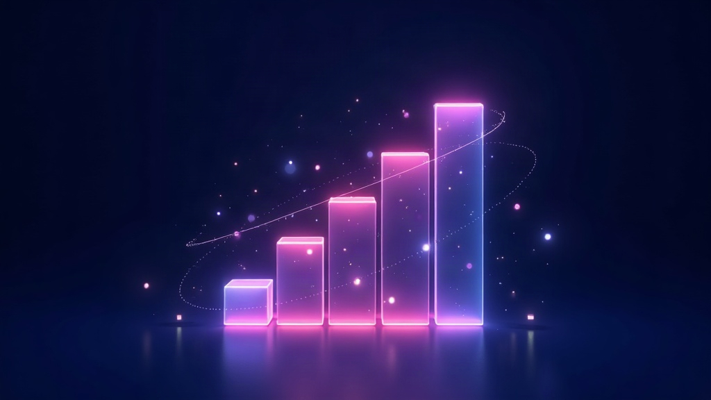 Illustration of SEO strategy showing a rising staircase of ranking bars with orbiting keyword nodes