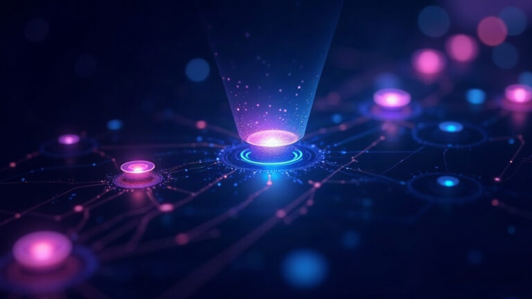 Illustration of marketing automation showing message bubbles flowing along a branching workflow into a funnel