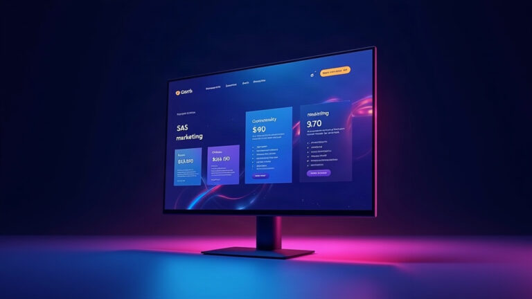 SaaS marketing site project thumbnail showing a widescreen monitor with pricing and feature panels