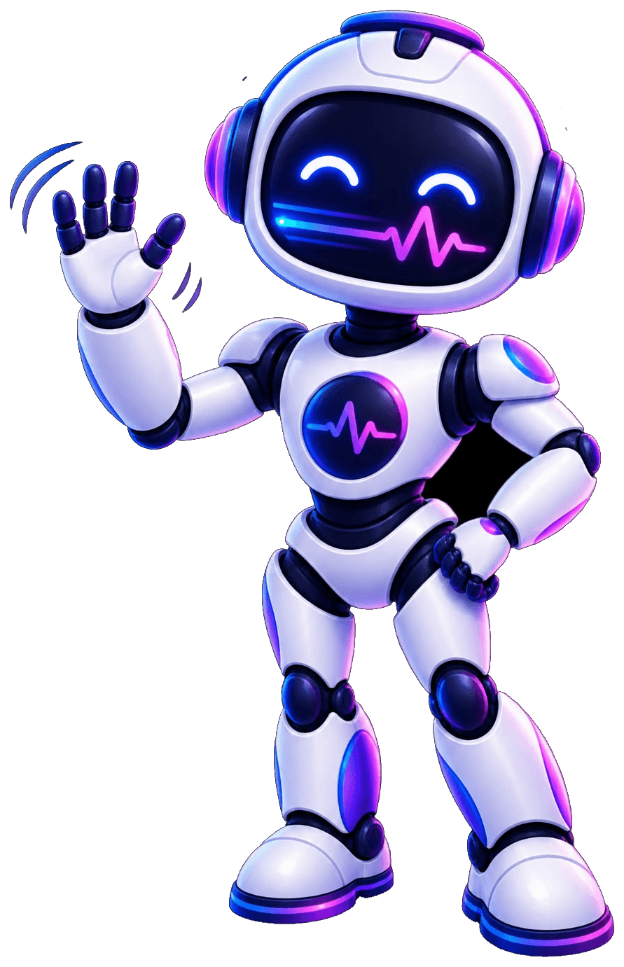 PulseGrow AI robot assistant mascot waving, transparent background